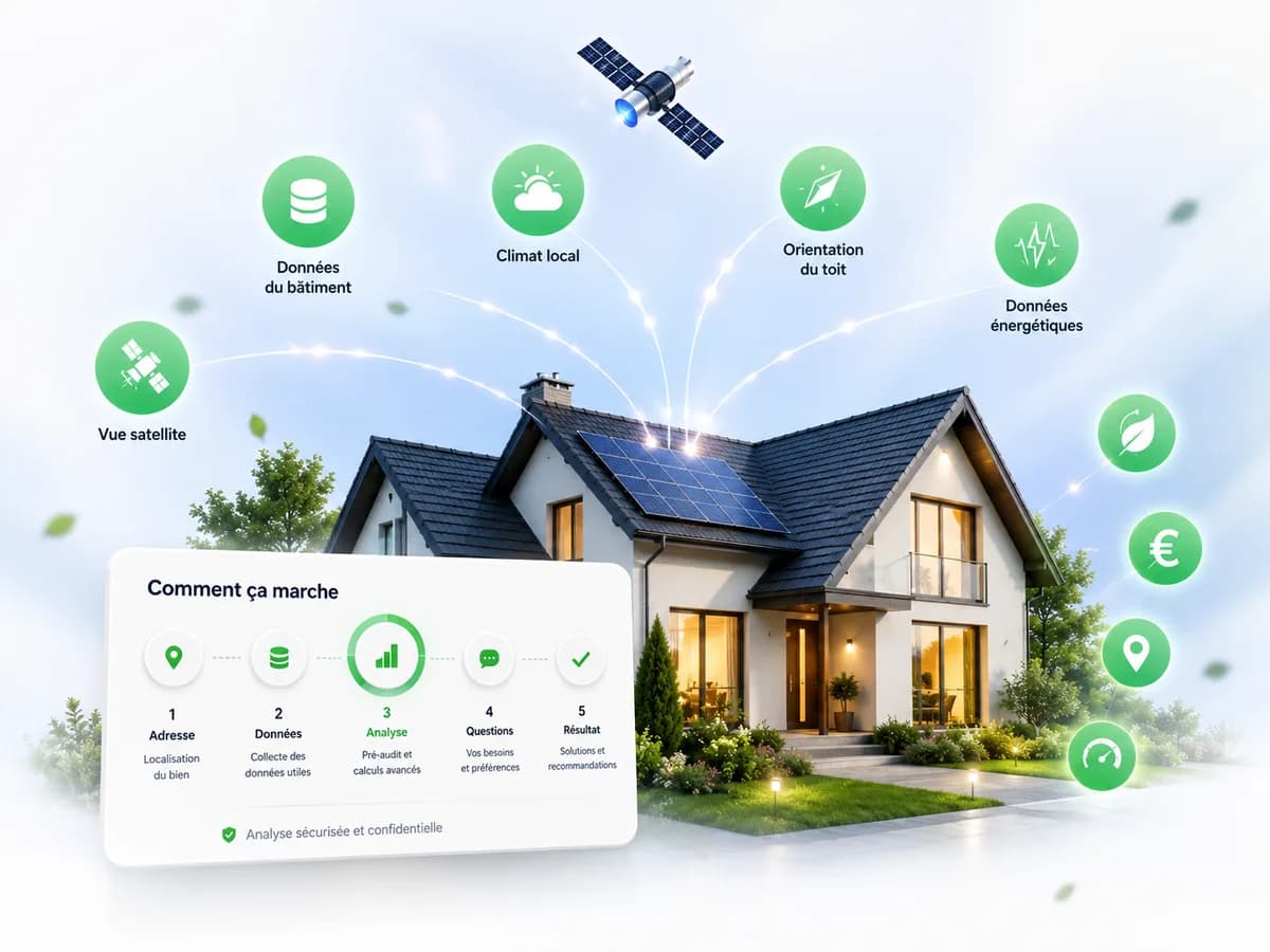 Maison analysée par le moteur EnergieVue : vue aérienne, données du bâtiment et signaux énergétiques croisés