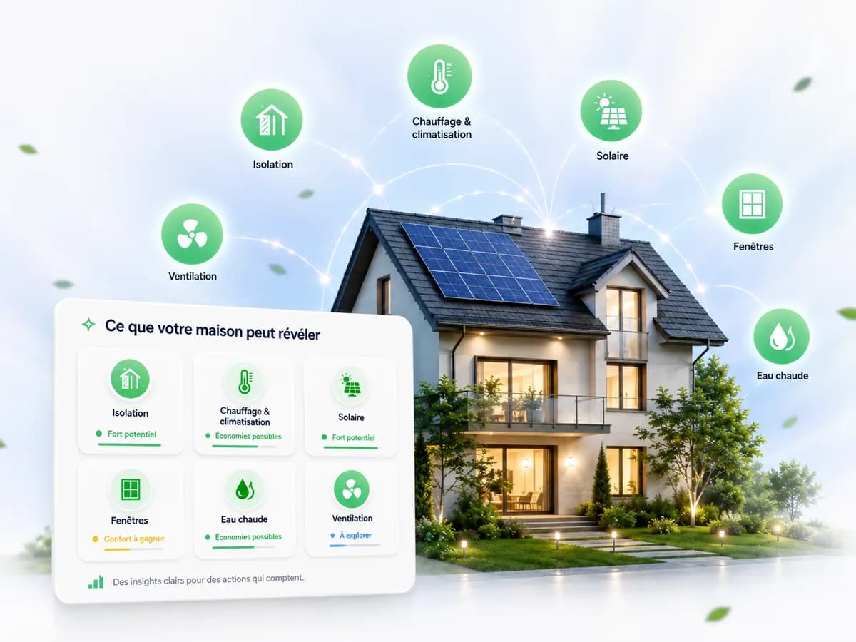 Maison passée au crible par EnergieVue : isolation, chauffage, solaire, fenêtres, eau chaude et ventilation évalués à partir d'une adresse