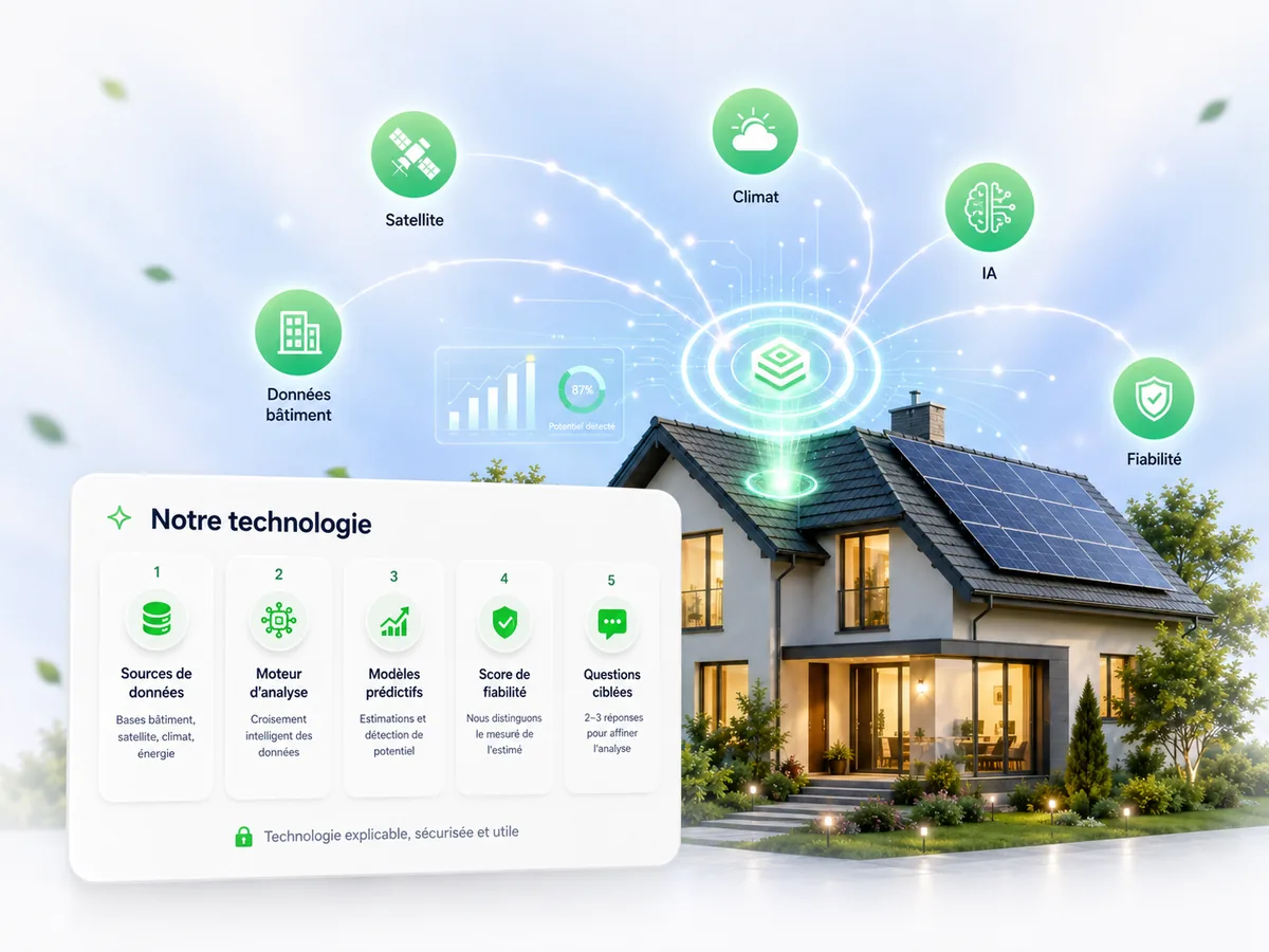 Le moteur EnergieVue croise données bâtiment, imagerie satellite et données climatiques pour analyser une maison